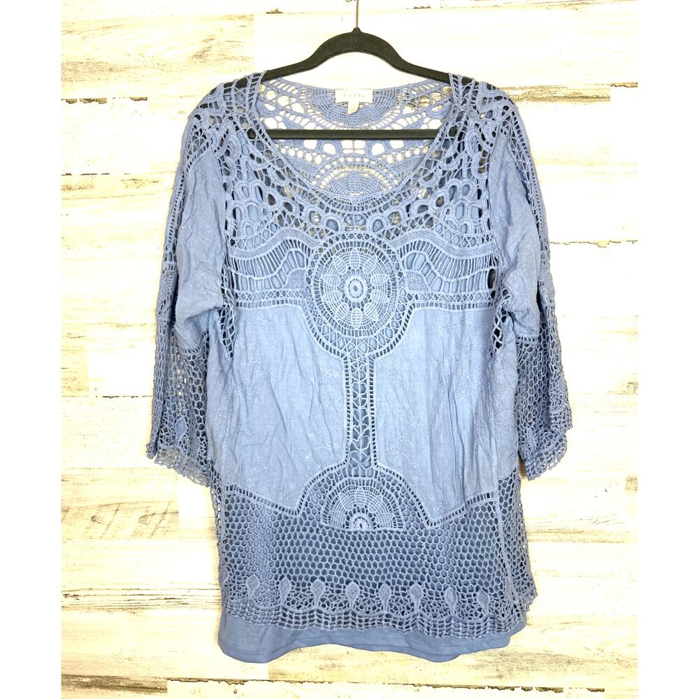 Adiva Womens Plus 1X Light Blue Boho Crochet Blouse Top NEW Lightweight